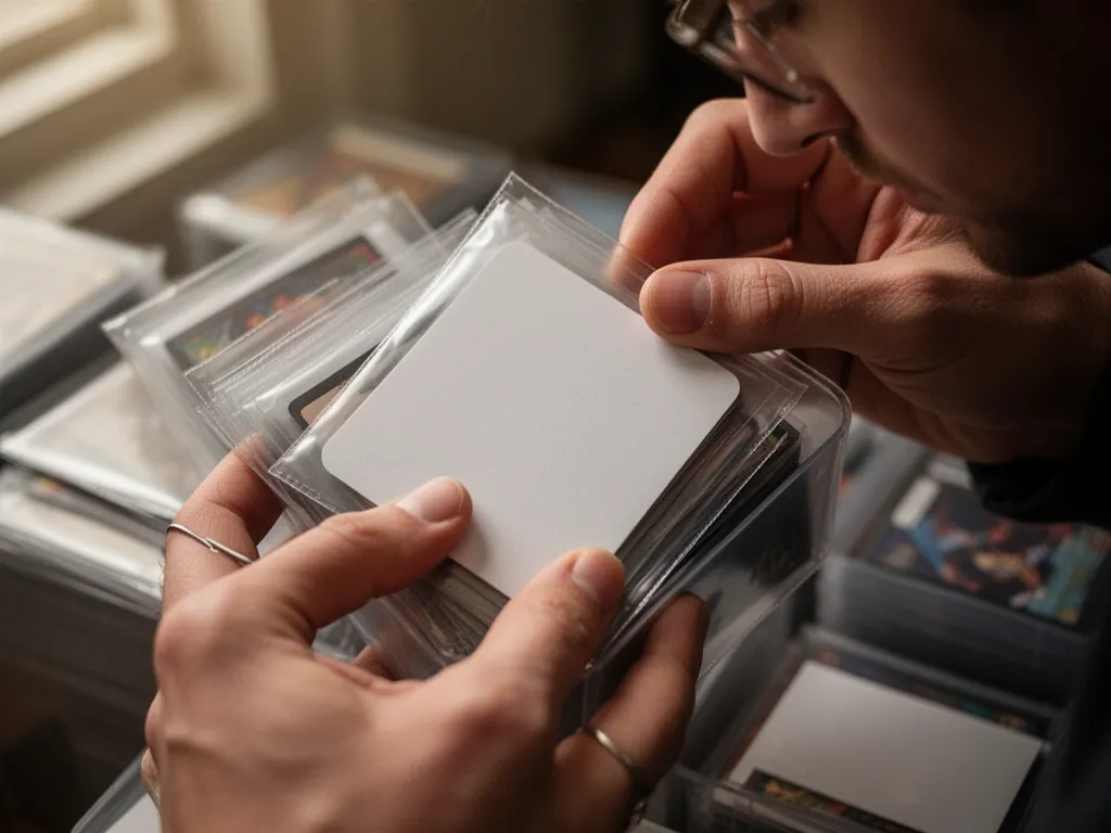 [Collector's hands organize blank Pokemon cards into protective sleeves with careful detail]