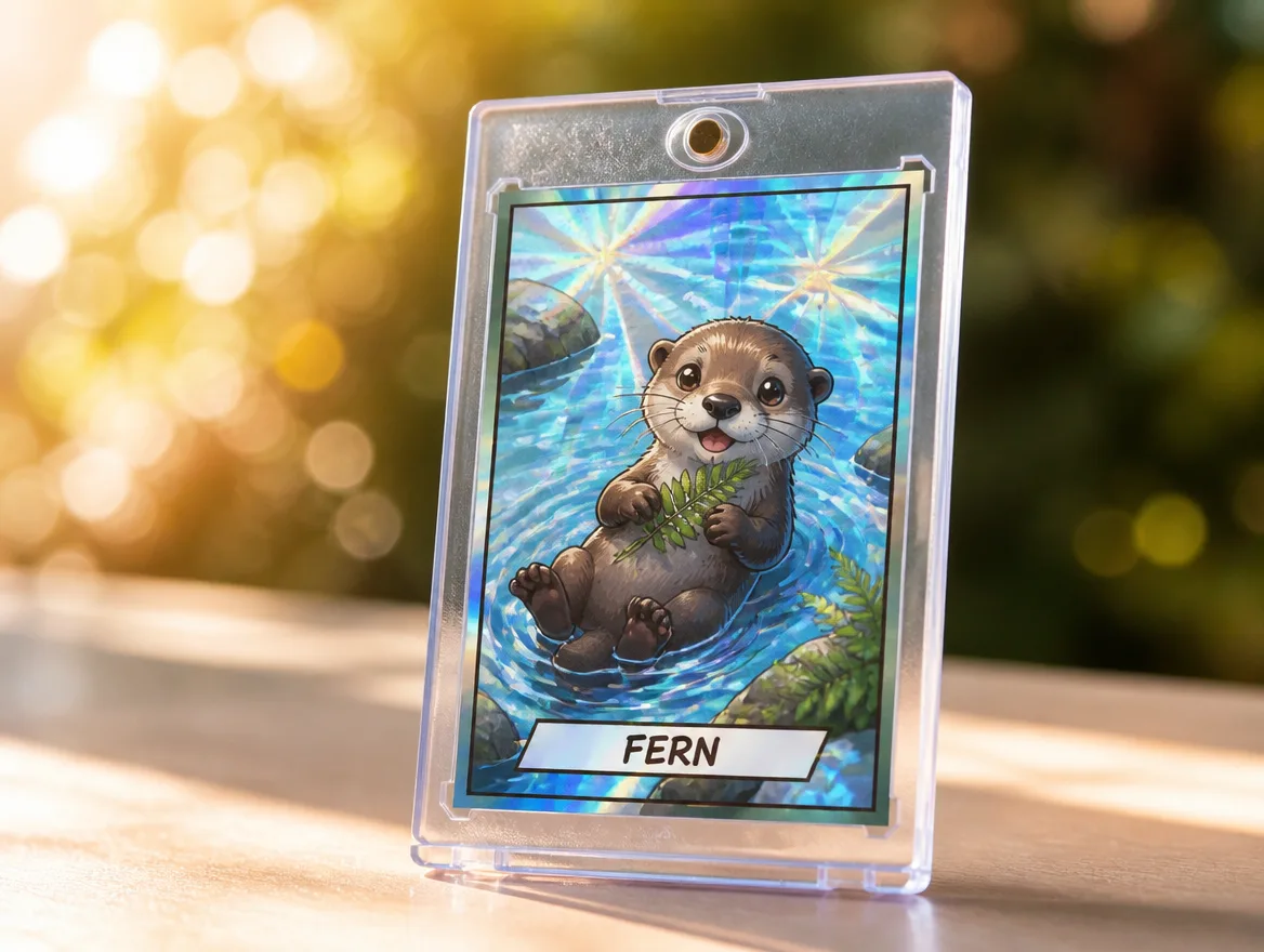 Custom creature trading card standing in a clear magnetic case