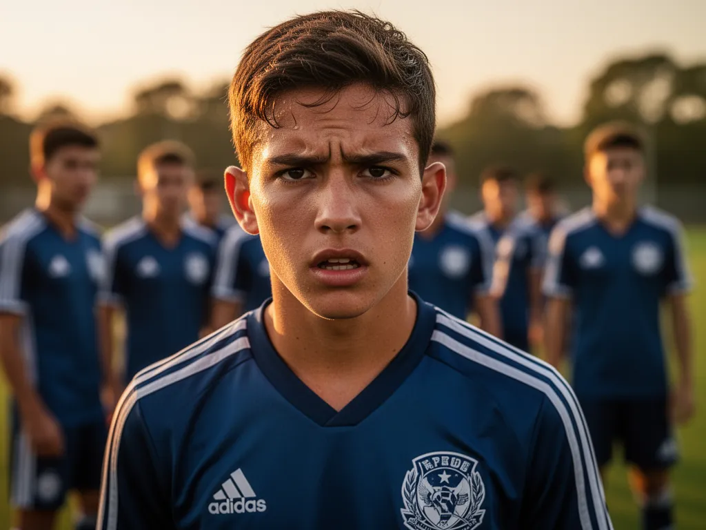 Young soccer player's focused expression during team practice with teammates in soft background.