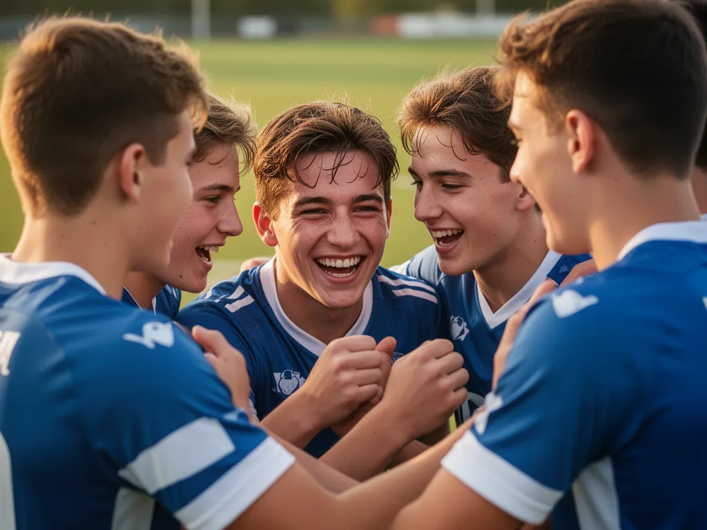 Young athletes celebrating together showing genuine emotion and team connection outdoors