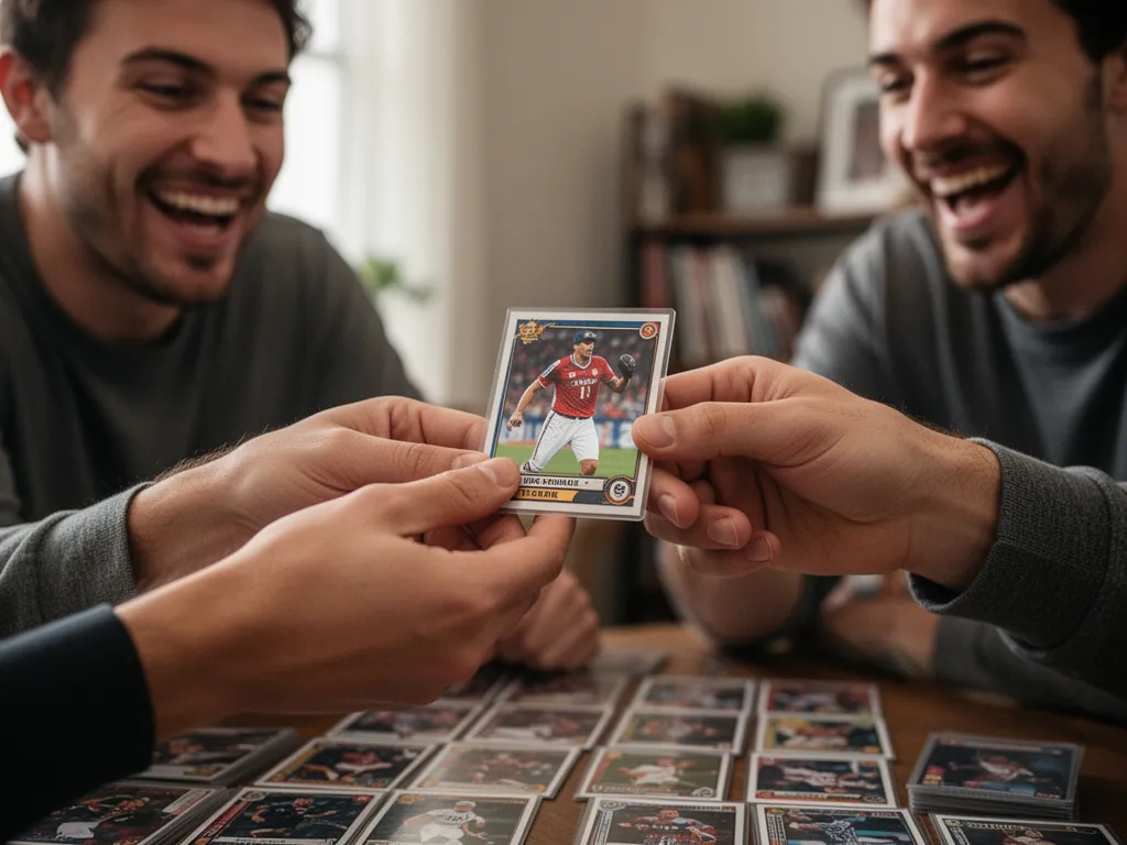 [Two hands exchanging sports card with genuine excitement and emotion visible]