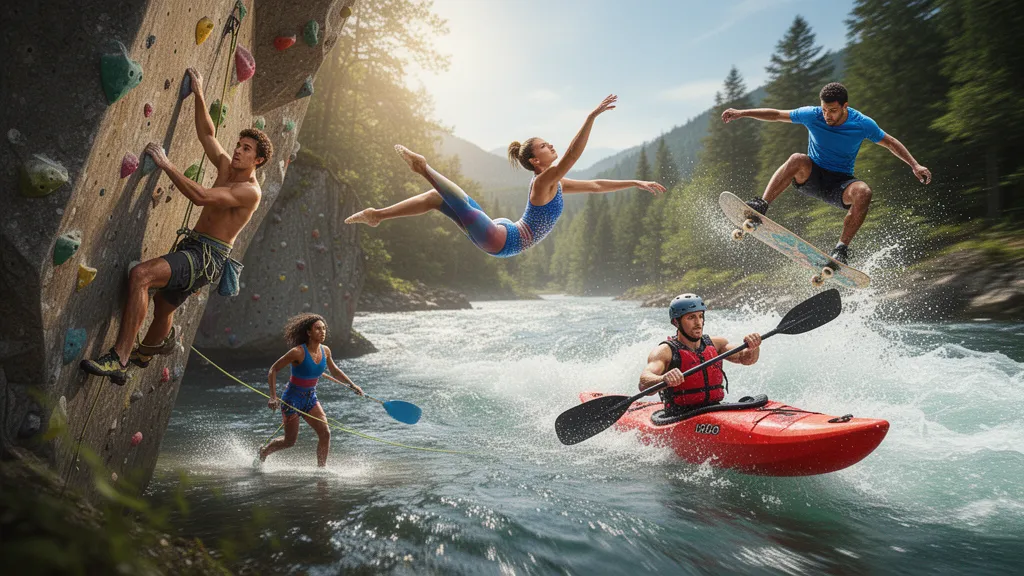 Multiple athletes in motion performing different sports activities outdoors with natural lighting and dynamic energy