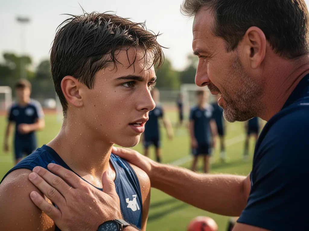 Coach mentoring young athlete with supportive hand on shoulder during training moment