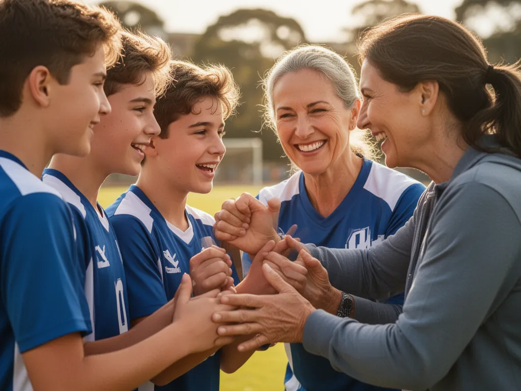 Coach or parent showing encouragement to young athlete during outdoor sports moment