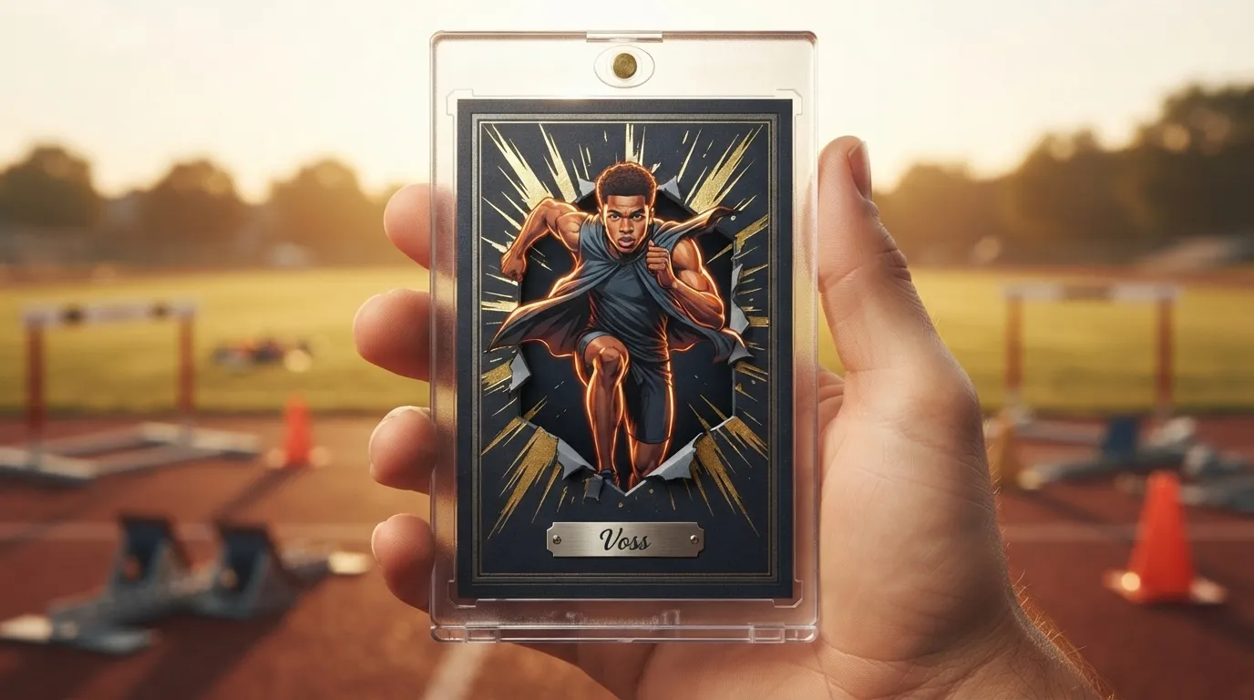 Hand holding blank yugioh card template with gold foil burst design in magnetic case outdoors.
