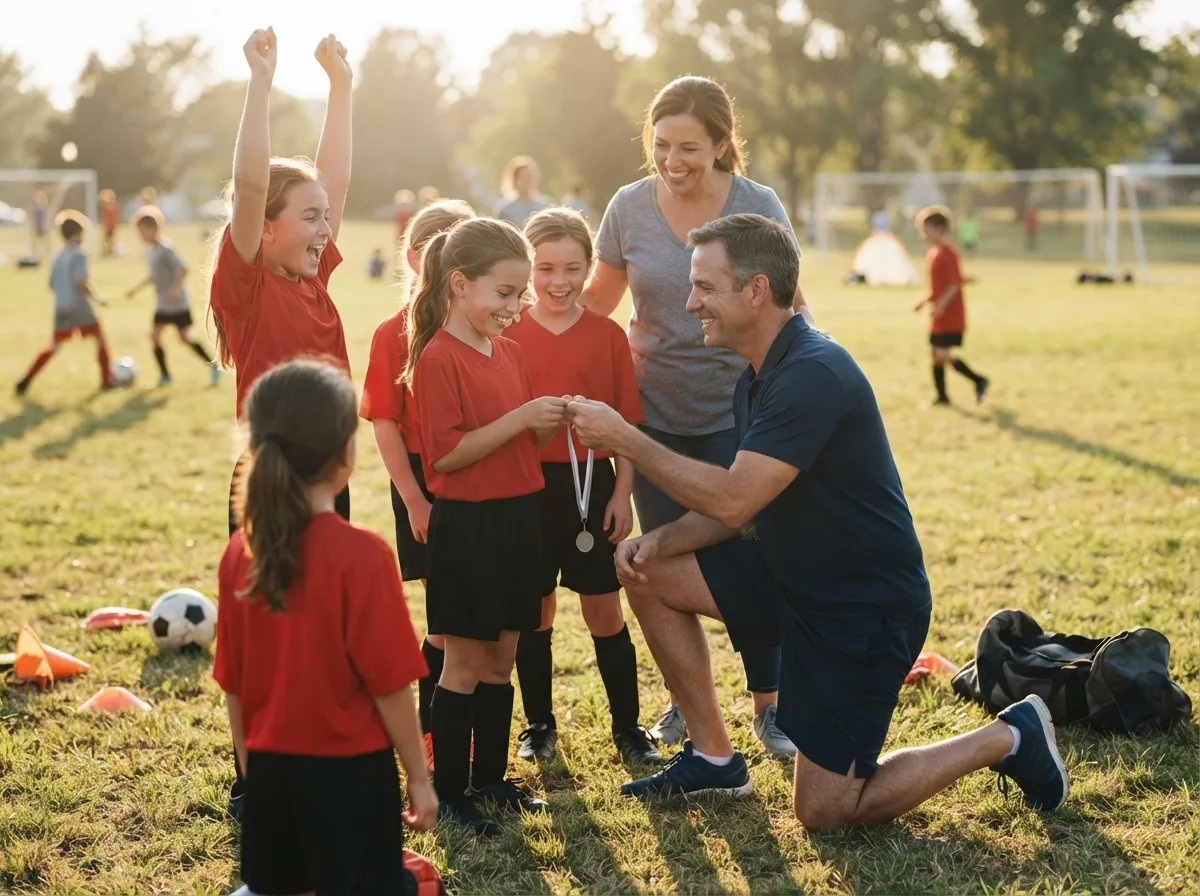 Coach shares a proud, joyful moment with young athlete and teammates on field.