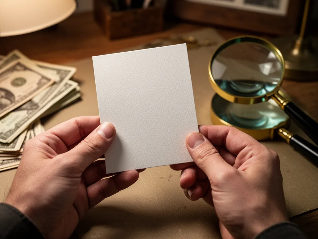 [Collector's hands carefully holding blank card template with magnifying glass on workspace]