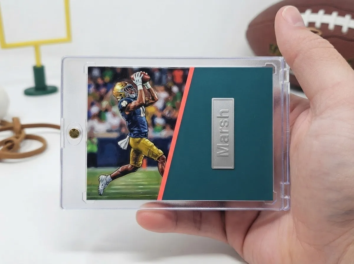 Custom sports trading card in magnetic case with teal and coral split design.