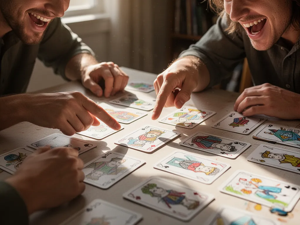 Two creators examining and celebrating a newly designed custom board game card together