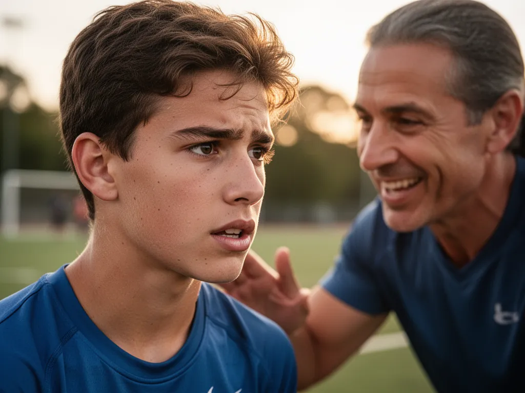 Young athlete concentrating intently while an adult mentor provides supportive guidance during training session.