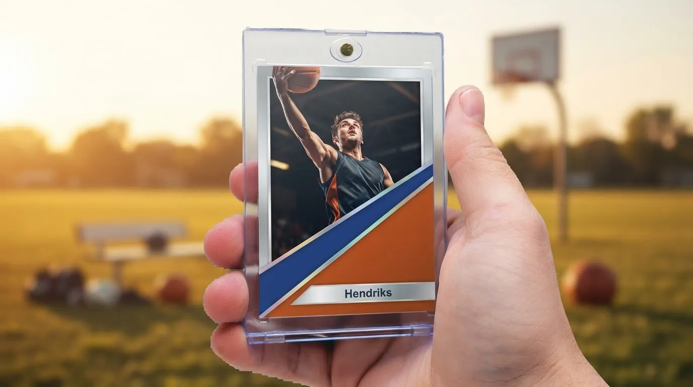 Hand holds magnetic case with premium sports card for books on sports photography, golden-hour light.