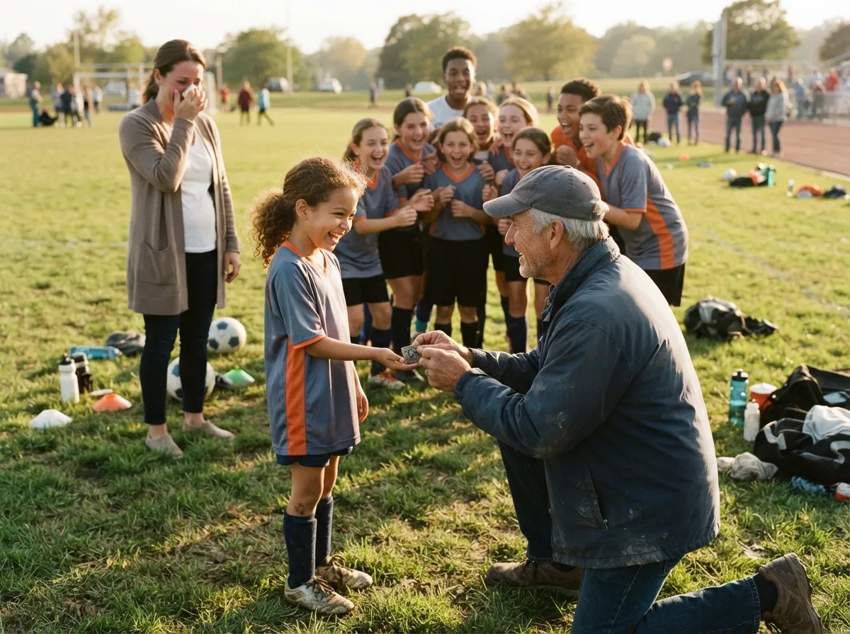 Coach shares proud moment with young athlete as parent and teammates celebrate on sunny field.