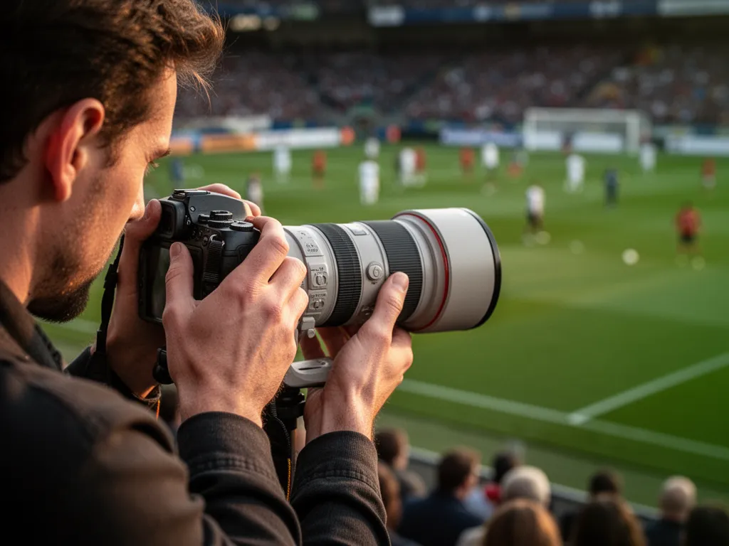 Photographer's hands adjusting camera lens during soccer match with blurred field action behind