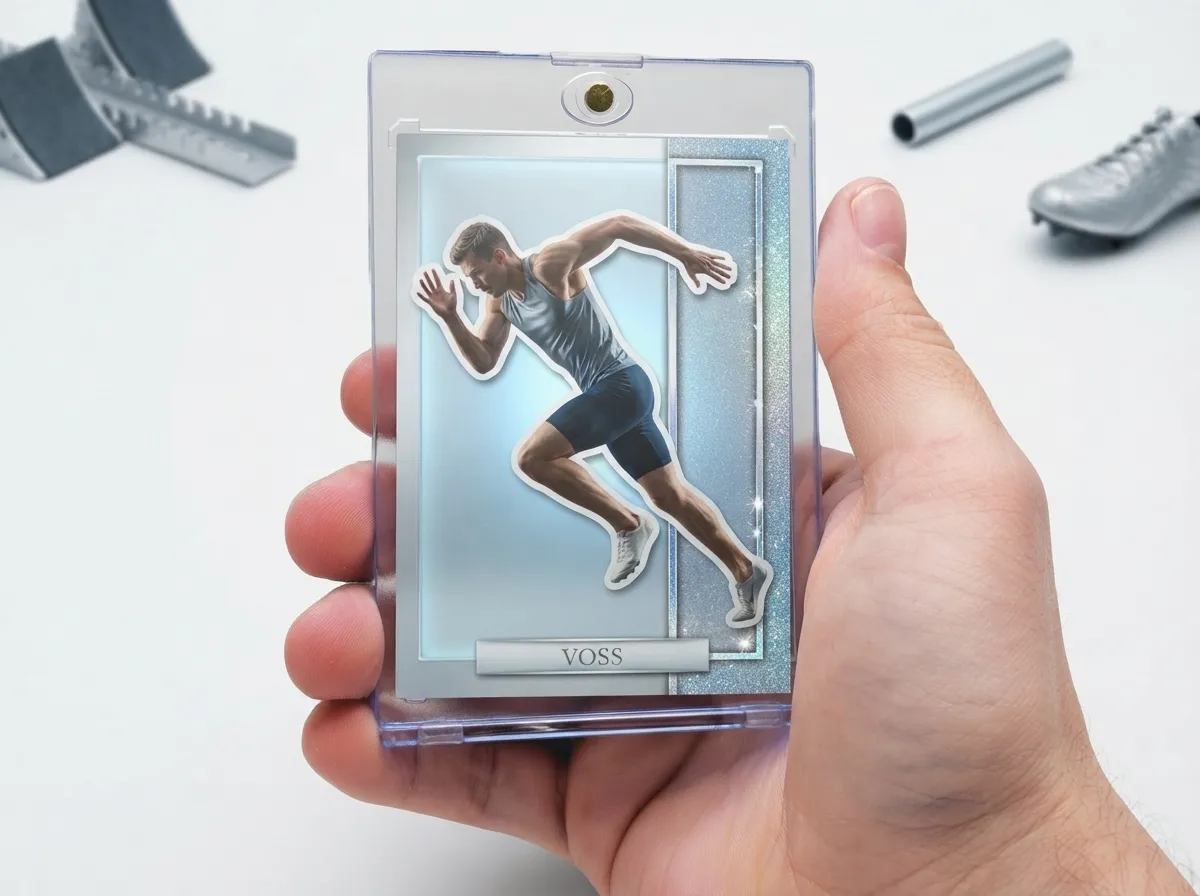 Magnetic case displays custom sports trading card with icy blue refractor design on white tabletop.