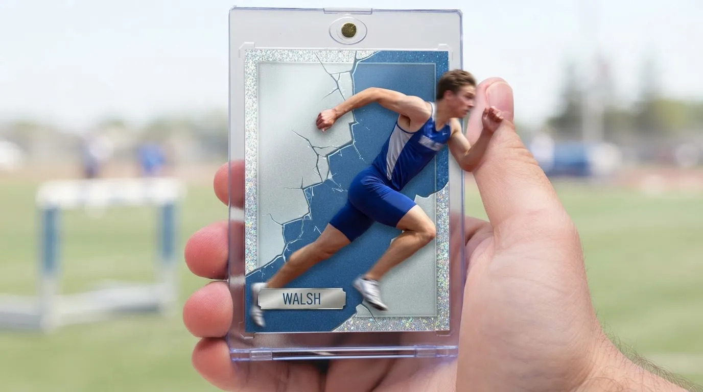 Hand holding boston sports fan gifts trading card in clear magnetic case, icy blue refractor design