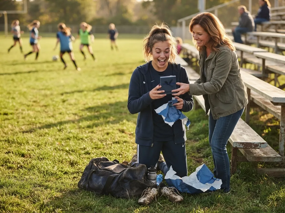 Teen athlete smiling in surprise while unwrapping a gift on a sunny sports field