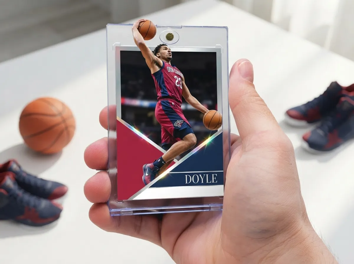 Custom sports trading card in magnetic case with red and navy diagonal chrome frame