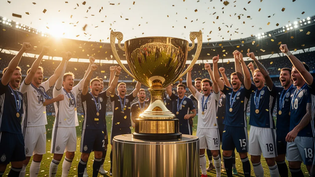 Golden bowl trophy displayed with celebrating athletes raising arms in outdoor stadium victory moment