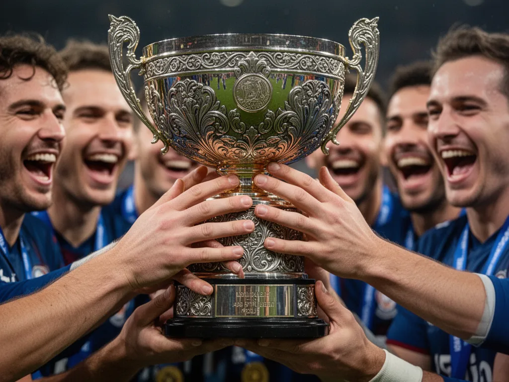 Close-up of hands lifting bowl trophy with blurred celebrating team members showing emotion in background