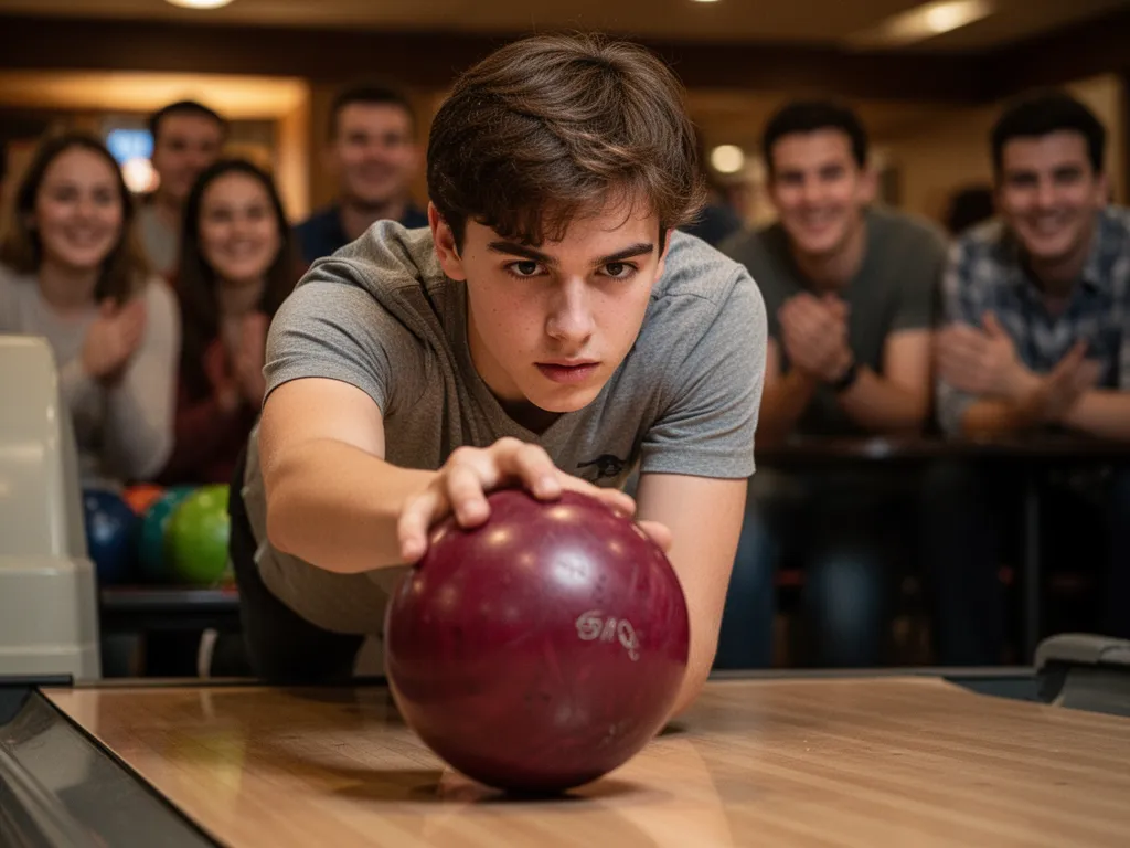 Young bowler's focused expression while preparing to release ball during tournament competition