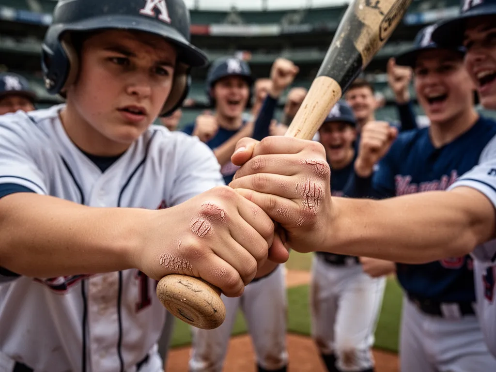 Close-up of determined young player gripping baseball bat with teammates supporting behind