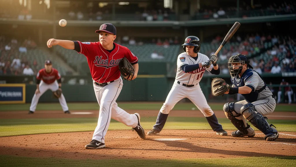 Baseball players in action during a competitive game with natural outdoor lighting and dynamic energy.