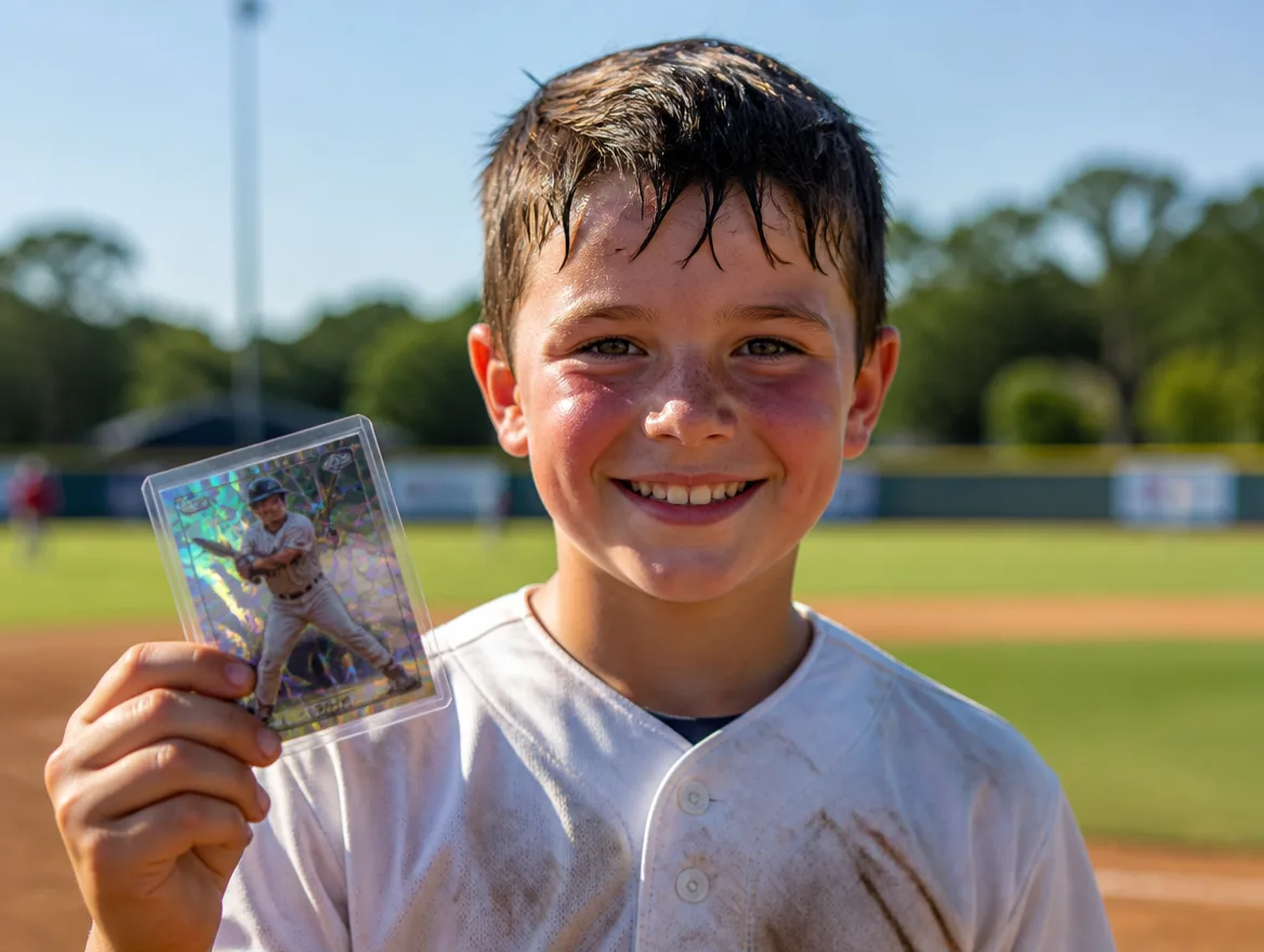Young baseball player holding up a custom trading card on the field