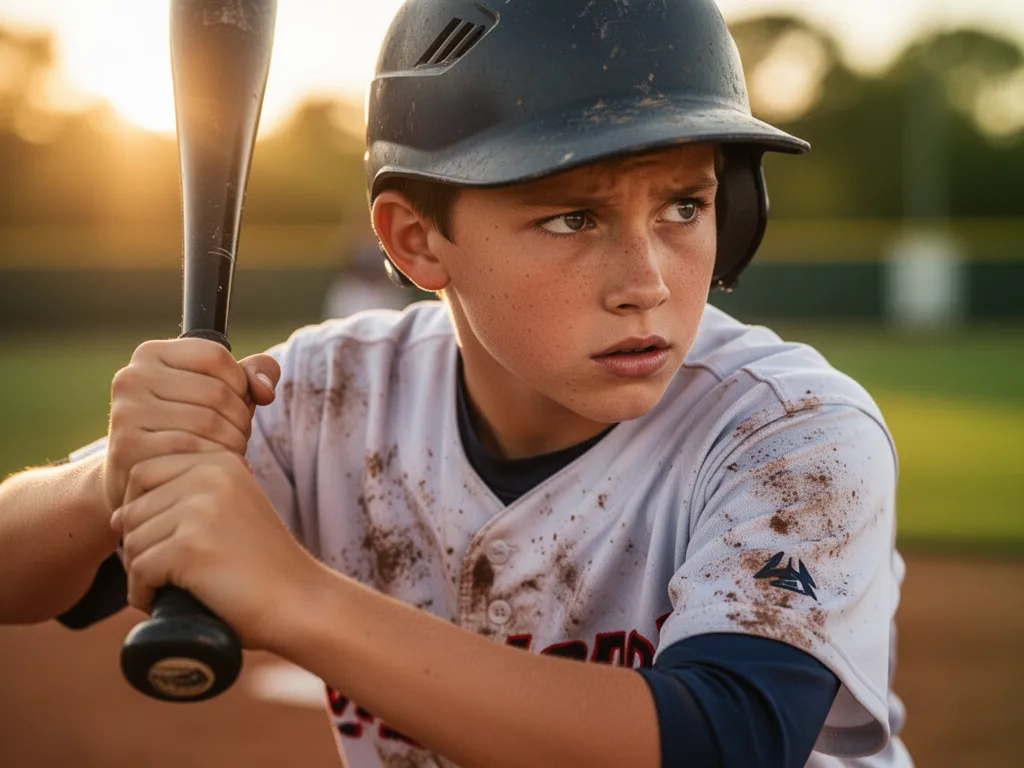 Young baseball player with focused expression holding bat during golden hour lighting.