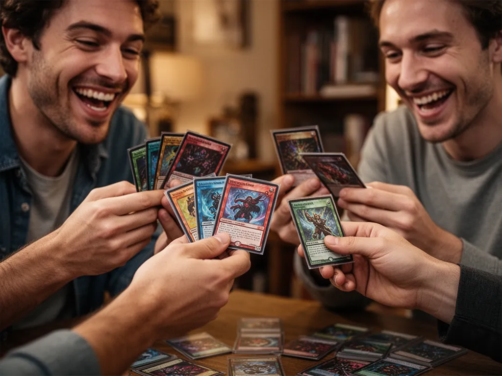 [Collectors examining and exchanging trading cards with genuine excitement and celebration]