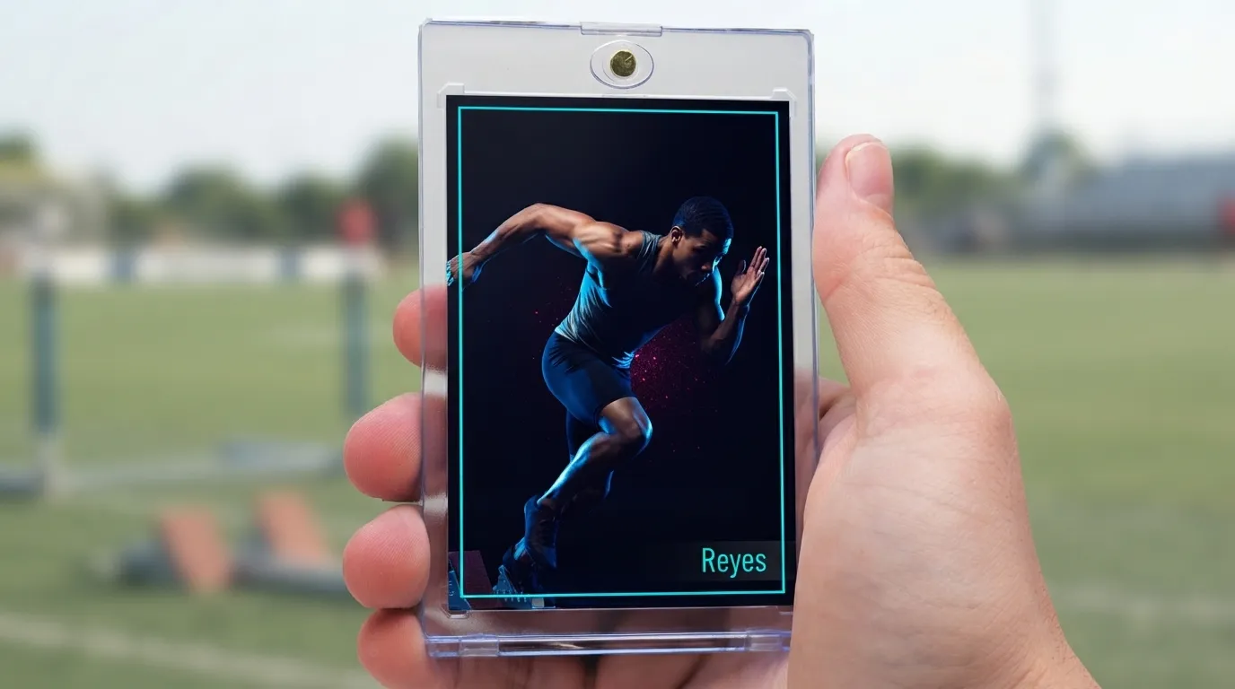 Hand holding magnetic case with boys sports gifts trading card of sprinter mid-stride, neon-lit design.