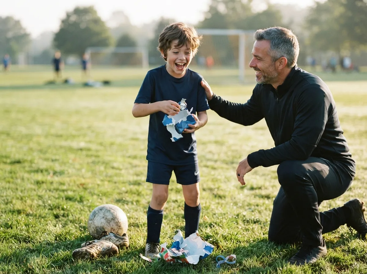 Young boy laughing in surprise while unwrapping a gift on a sunny sports field.