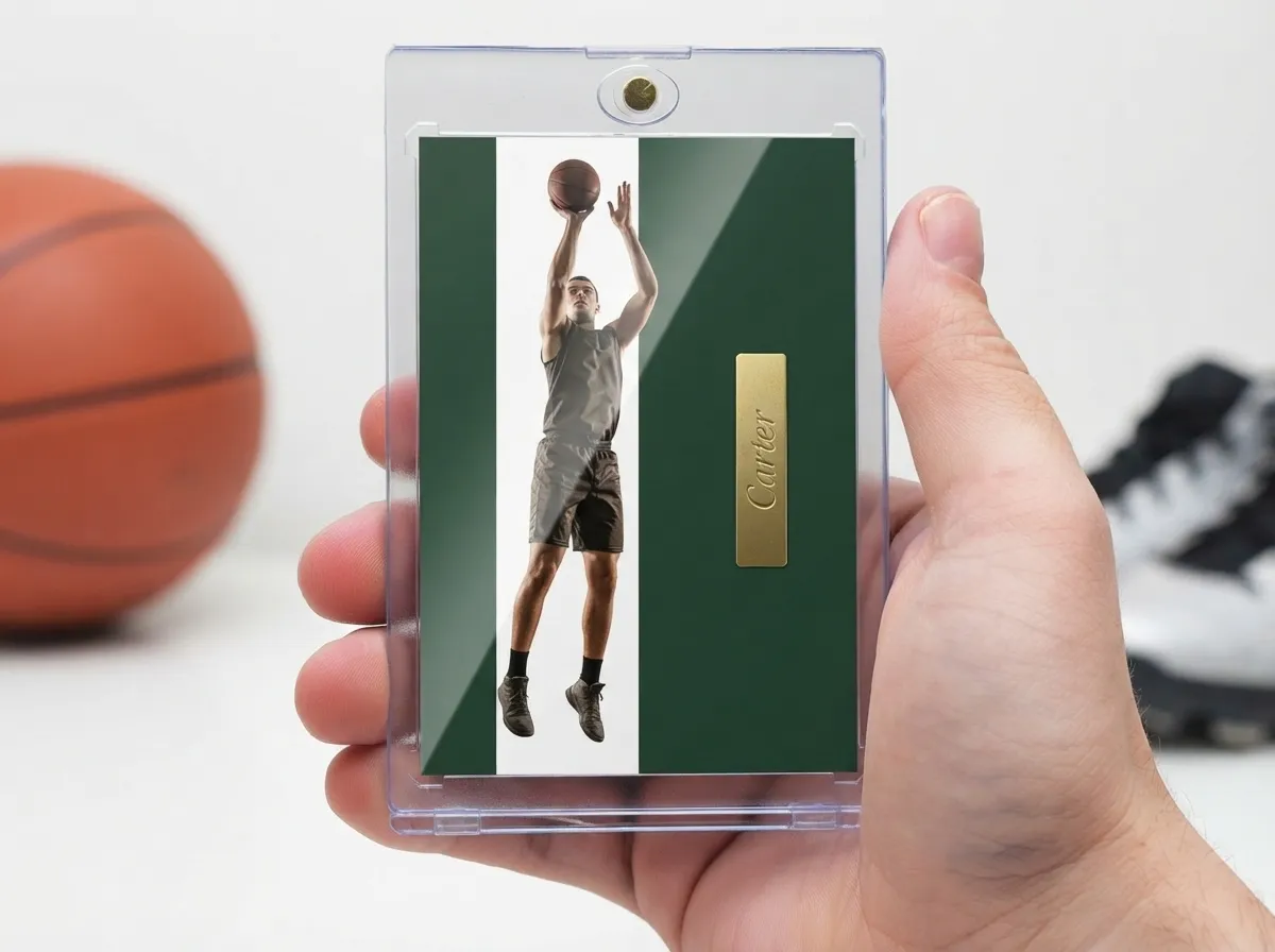 Custom sports trading card in magnetic case showing basketball player on green foil-nameplate design.