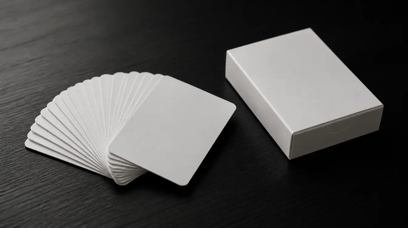 A fanned stack of blank playing cards beside a premium card box