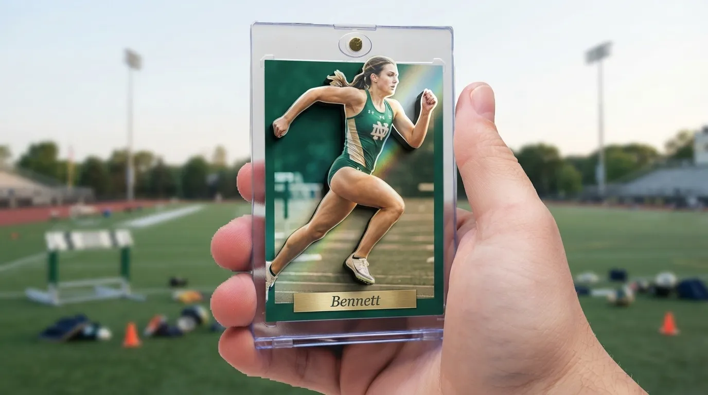 Hand holding magnetic case with bridesmaid proposal box sports card featuring a runner mid-stride.