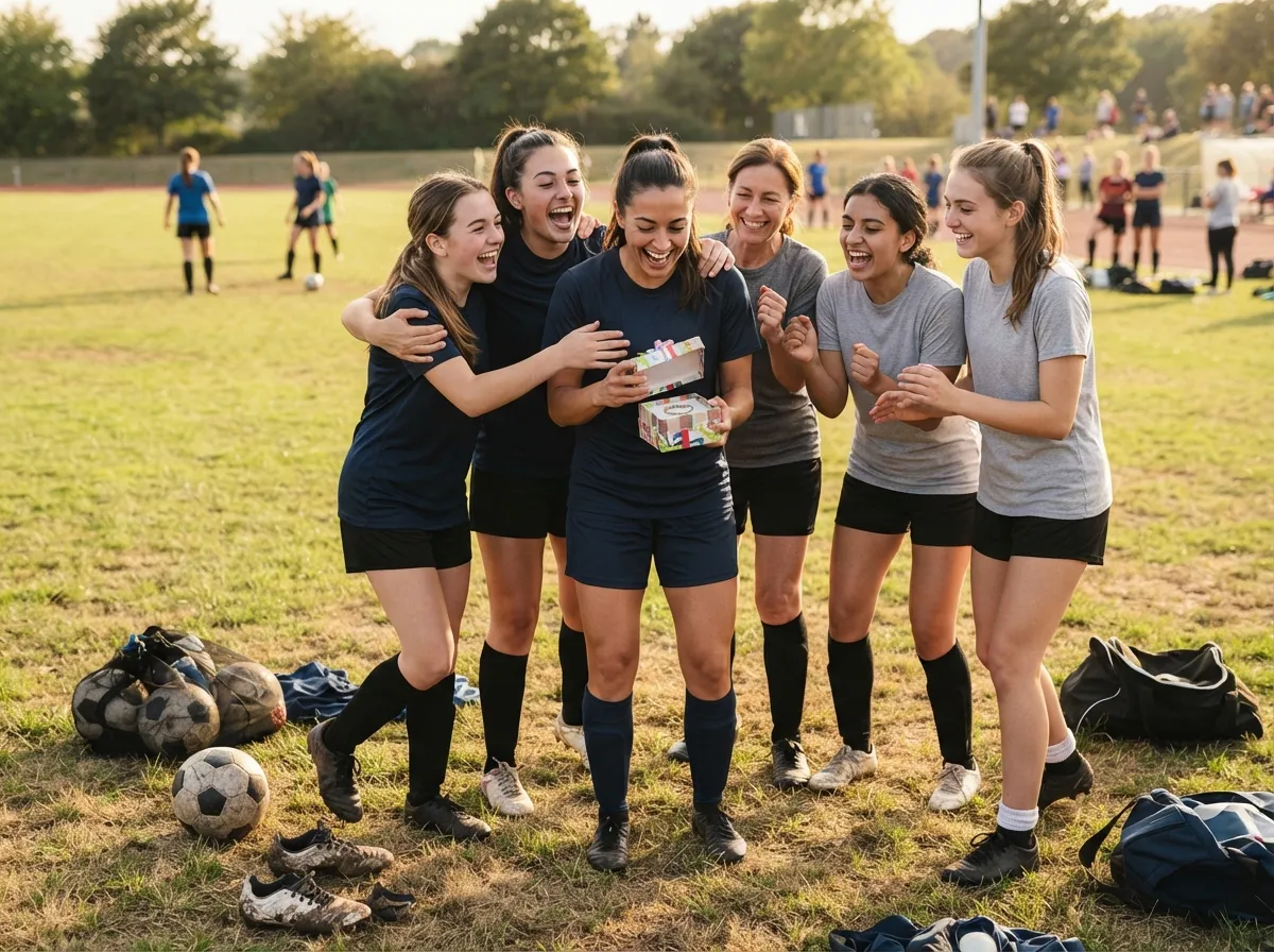 Teammates celebrate as a woman joyfully reacts to a surprise gift on the field.
