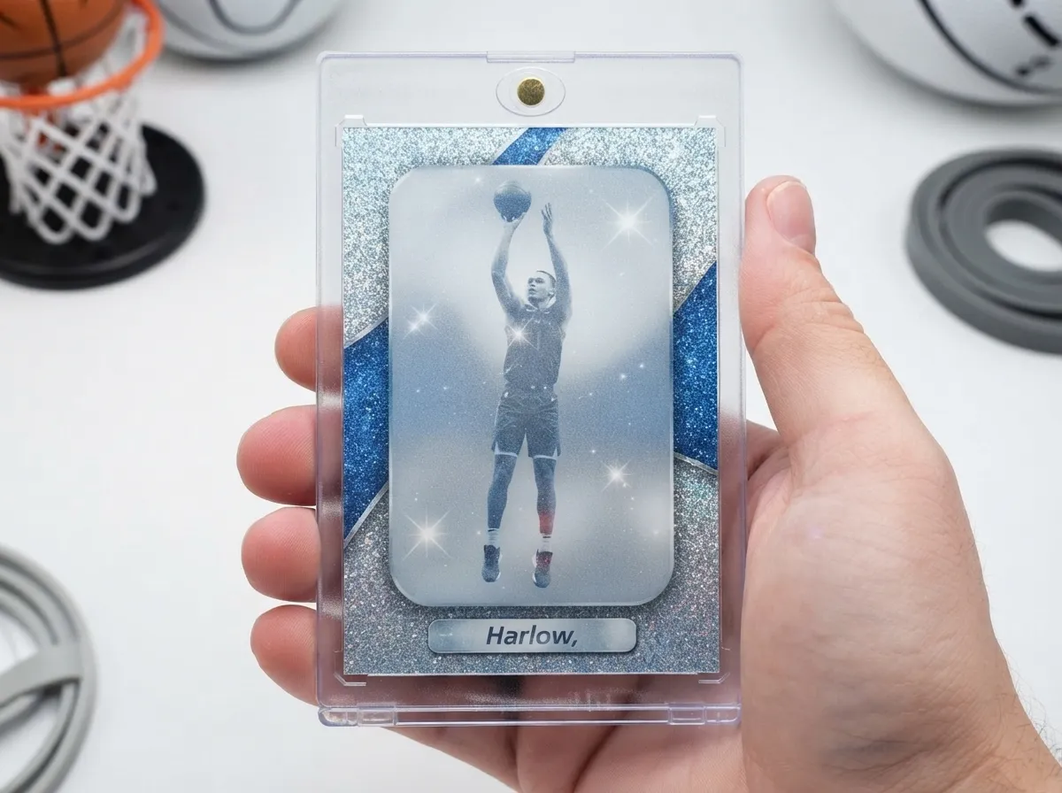 Custom sports trading card in magnetic case showing a frozen mid-action basketball pose.