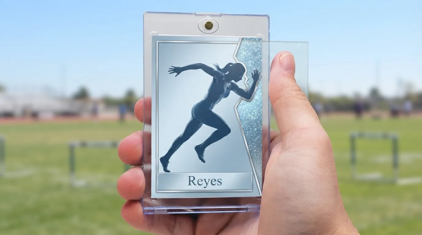 Hand holding a magnetic case with a bridesmaid proposal cards icy blue refractor sprinter card.