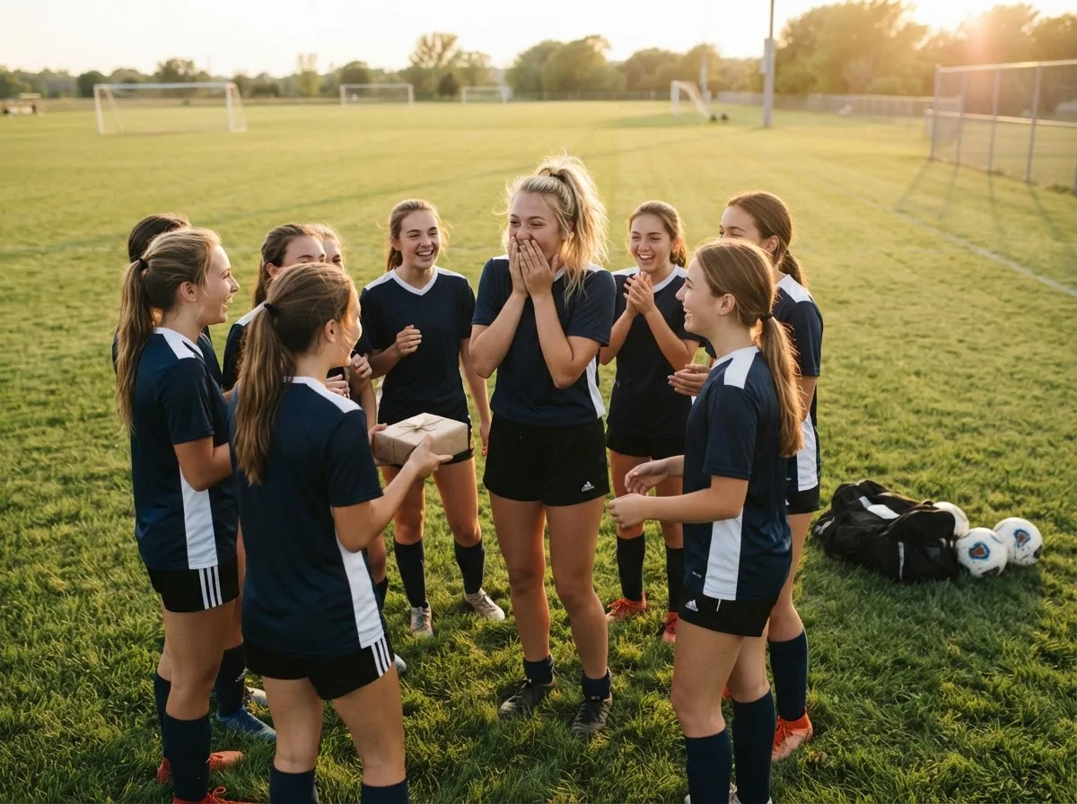 Teammates on a sunny field surprising a laughing athlete with a wrapped gift.