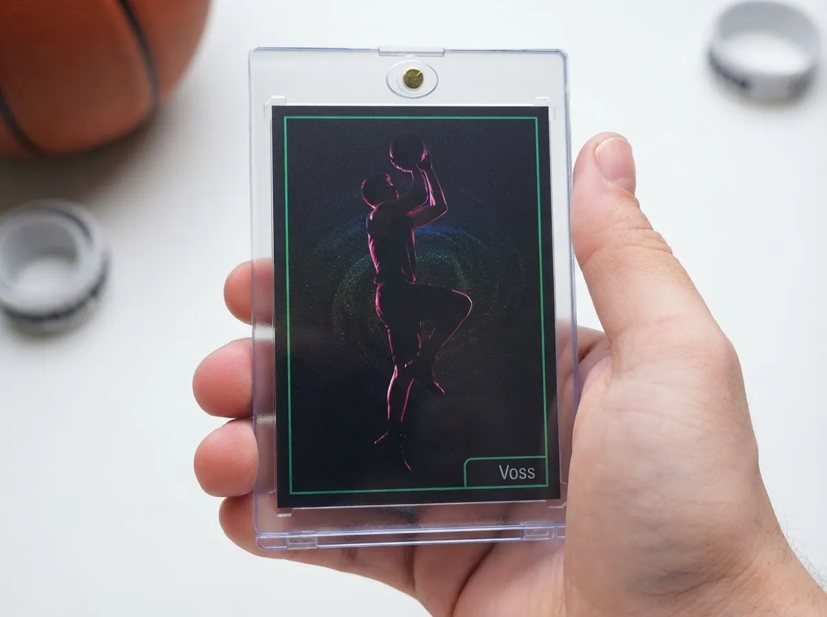 Custom sports trading card glowing with neon rim light inside a clear magnetic case.