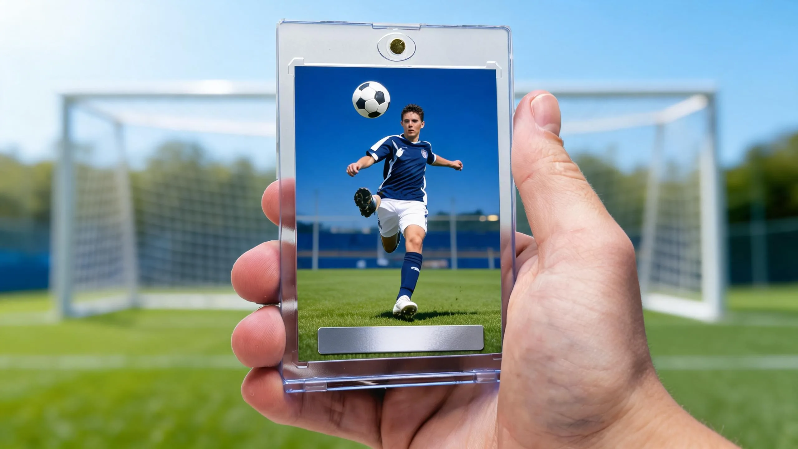 Hand holds magnetic case with custom build a soccer squad cards trading card, blue editorial design.