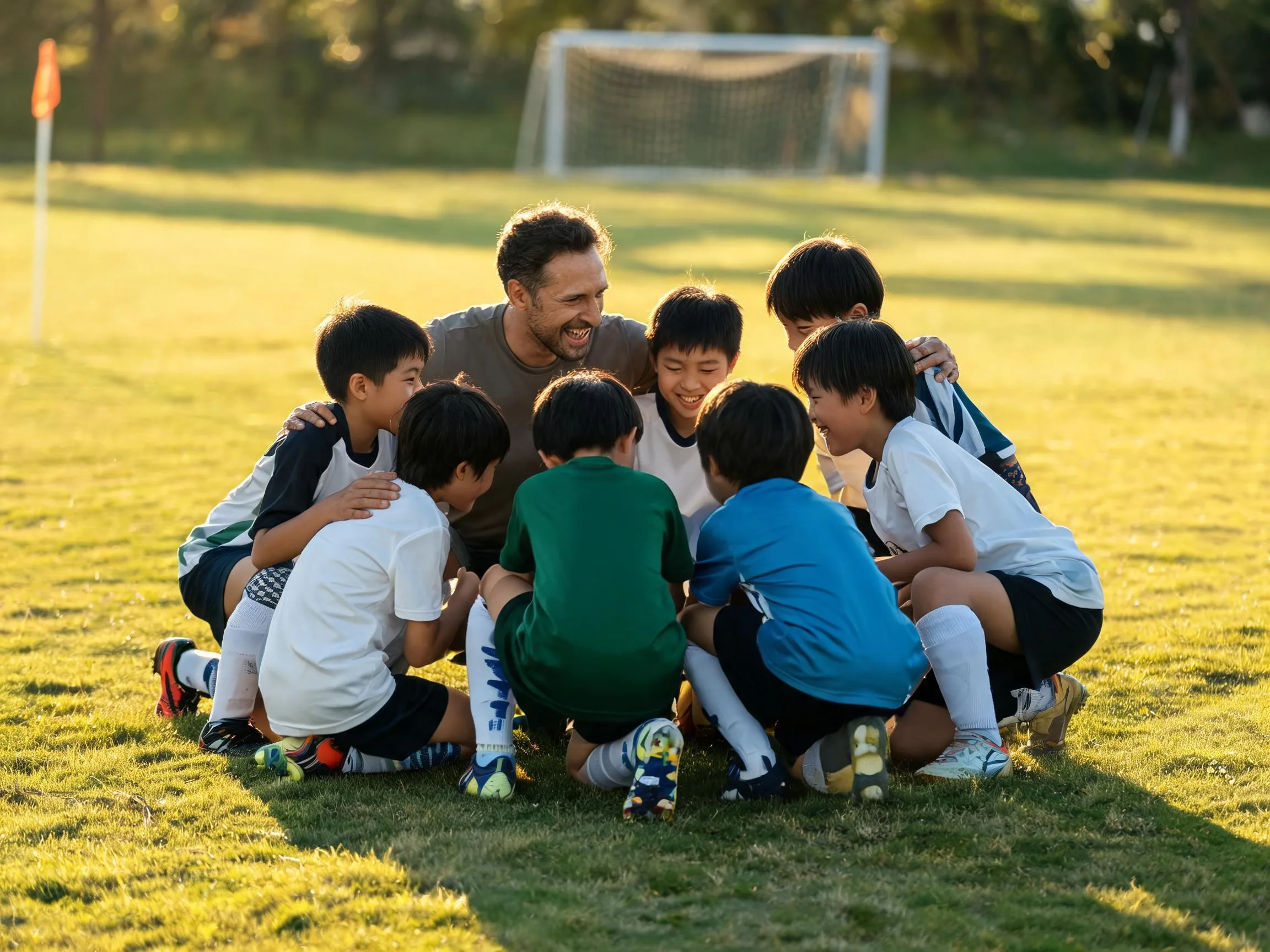 Coach and youth soccer team share a warm huddle moment on a sunny grass pitch.