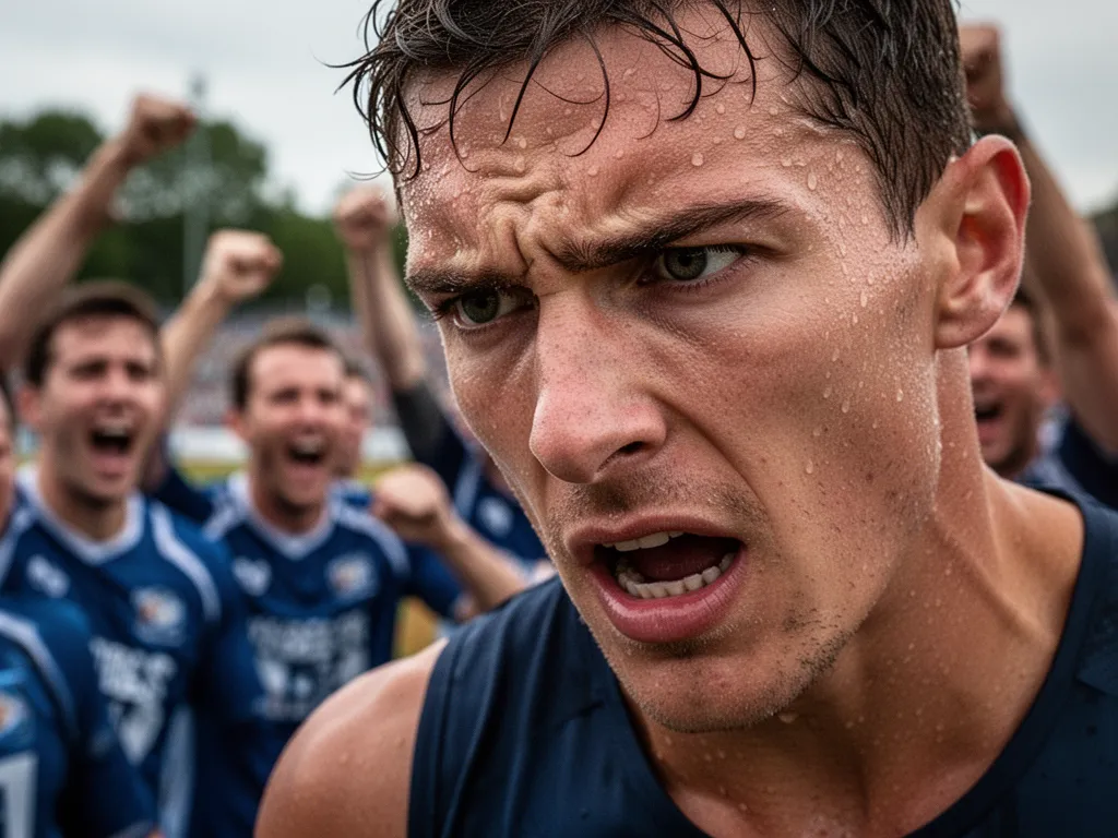 [Close-up of determined athlete's face with teammates celebrating blurred in background]