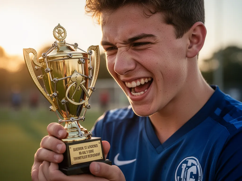 Young athlete's emotional close-up face beaming with pride while holding personalized trophy they created