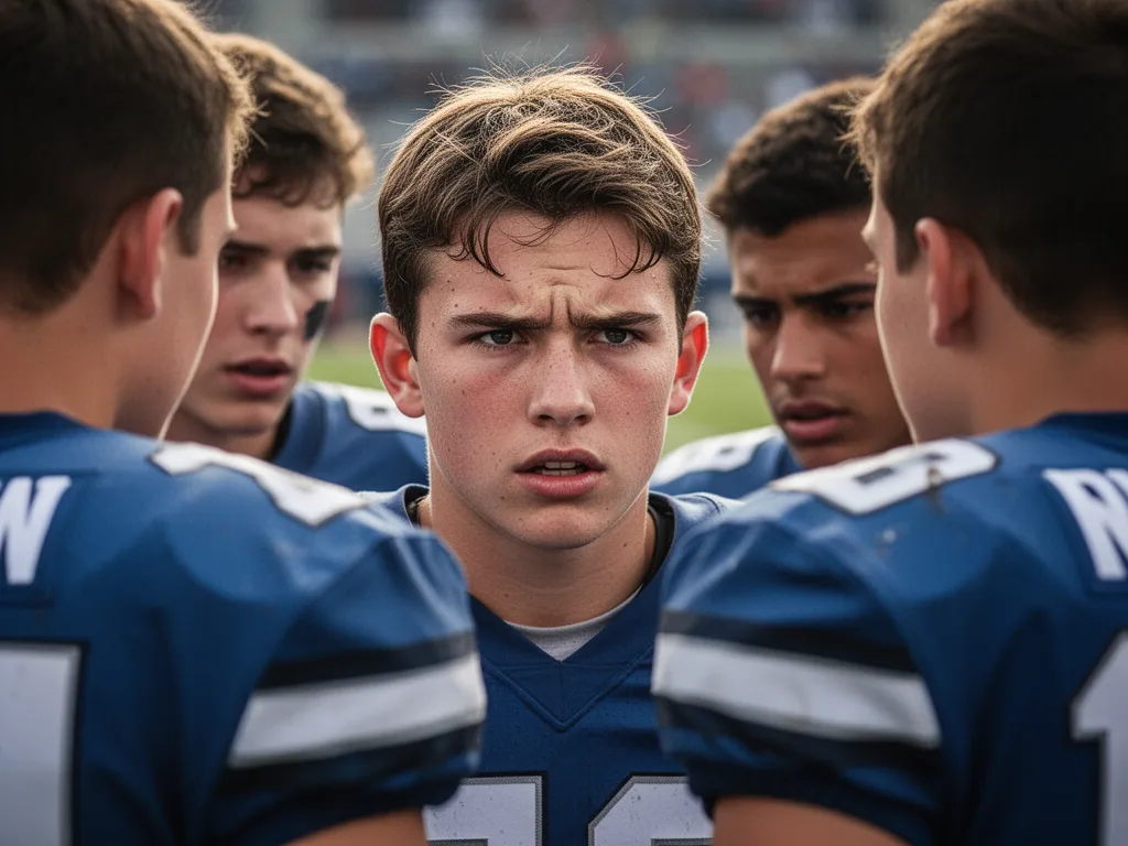 [Young football player's focused expression surrounded by supportive teammates in huddle moment]