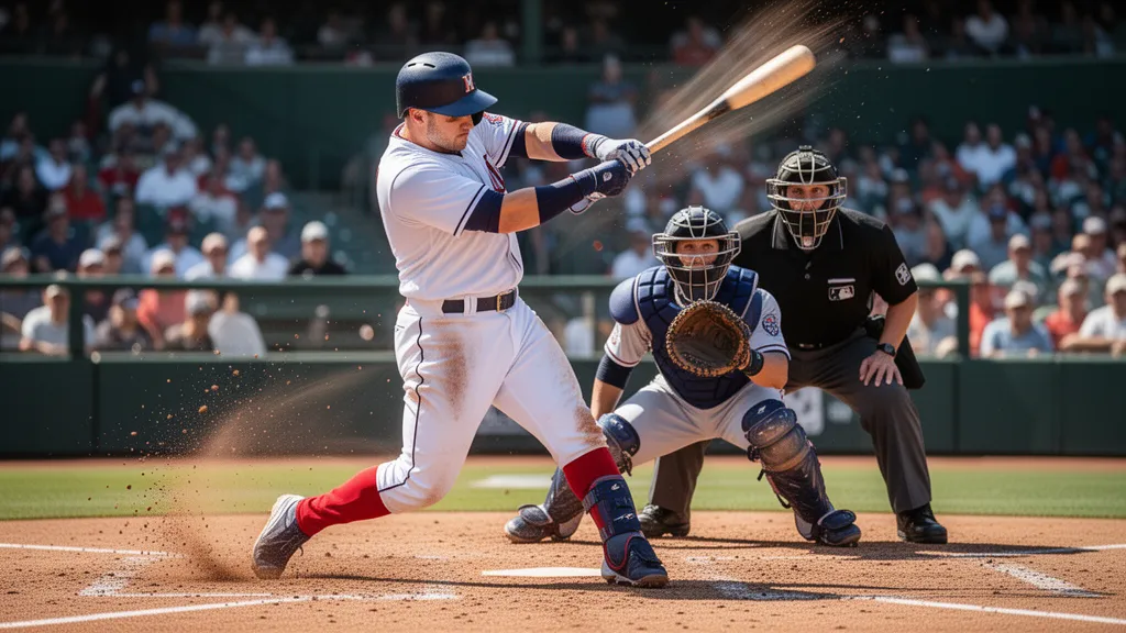 Baseball player executing a powerful bunt swing during a daytime game with catcher watching.