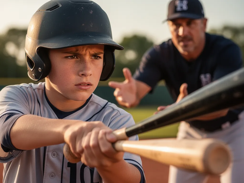 Young baseball player in focused bunting stance with coach visible in soft-focus background.