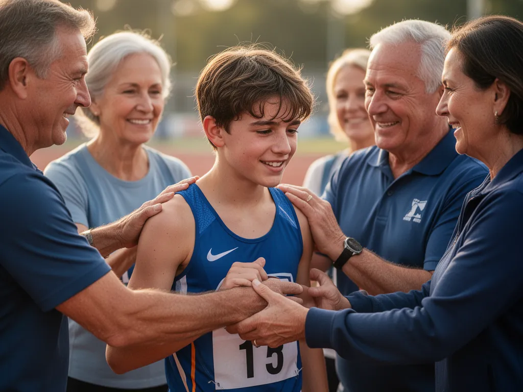 Young athlete being congratulated by coaches and family members after sporting achievement