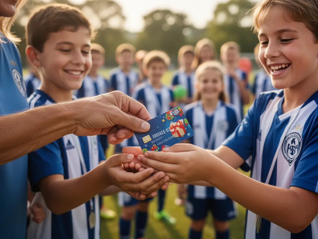 Parent handing gift card to excited child during outdoor team celebration with genuine joy and connection
