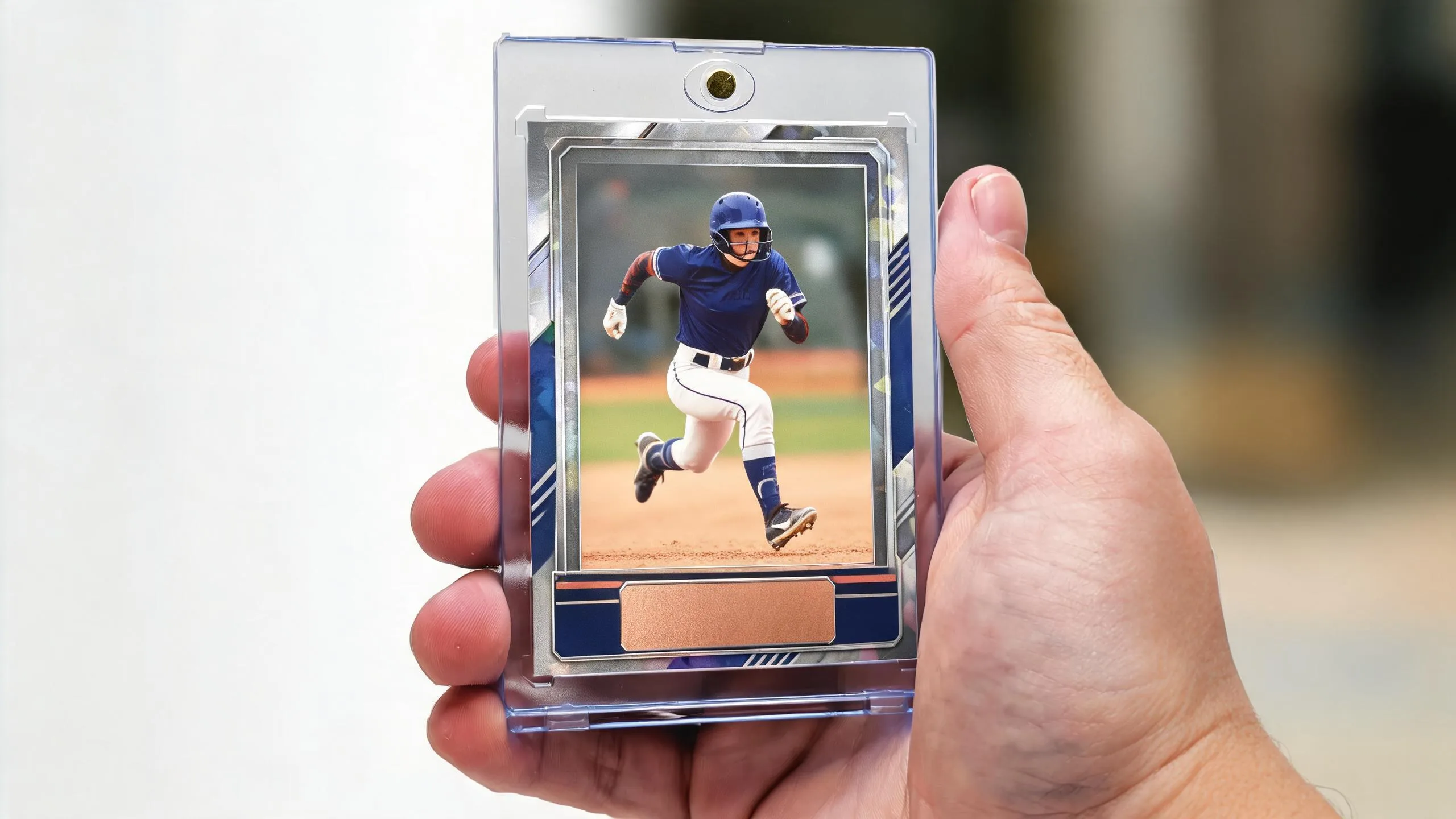 Hand holding a magnetic case with a custom athlete card — buy awards for your business today.