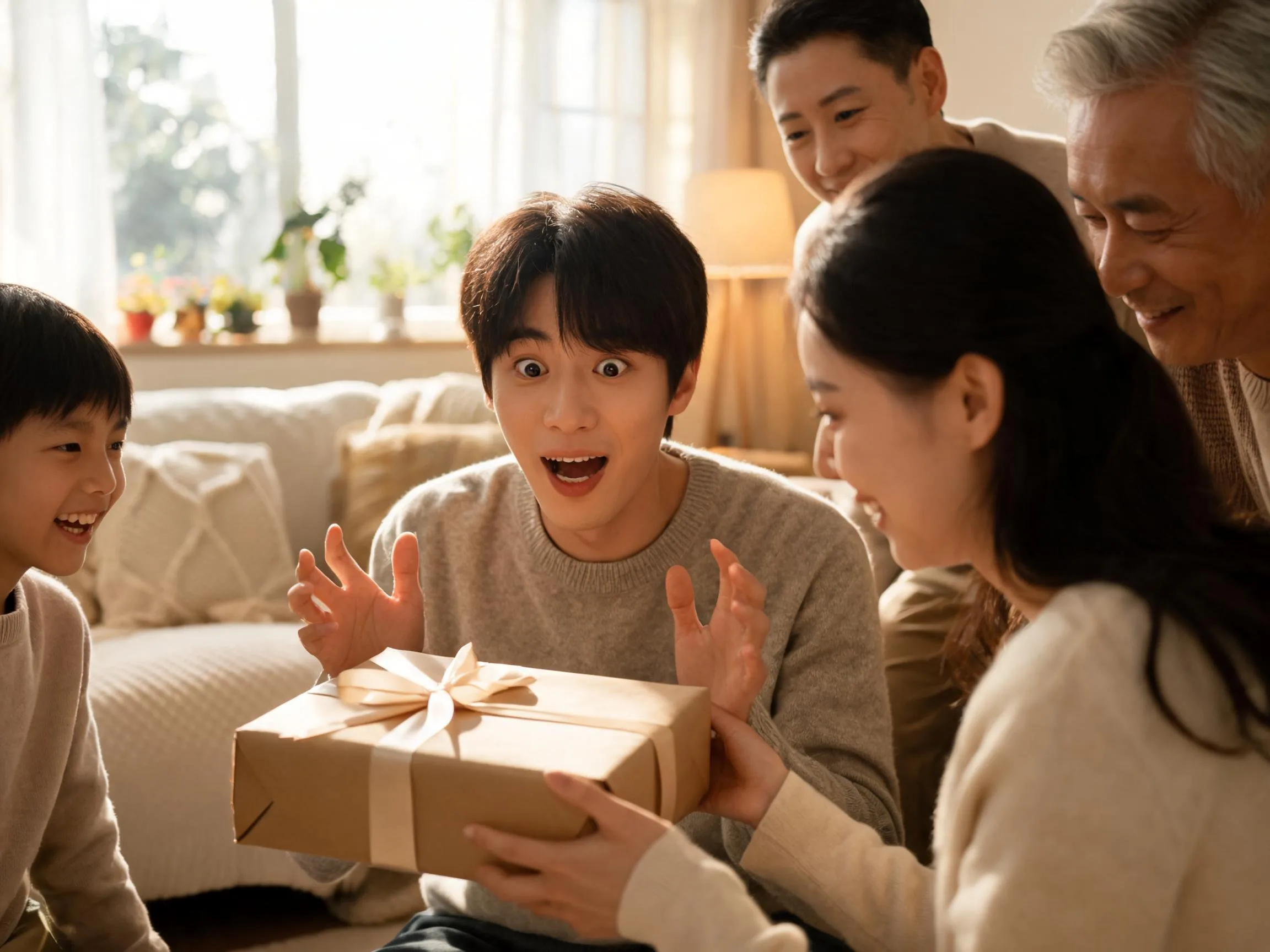 Person reacting with genuine surprise while receiving an unexpected heartfelt gift indoors.